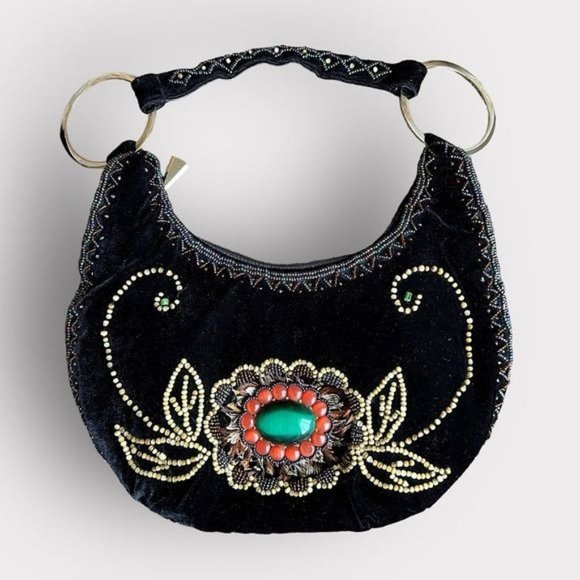 VINTAGE Boho Crescent Beaded Feather Embellished Hobo Shoulder Bag LIKE NEW - Picture 1 of 15